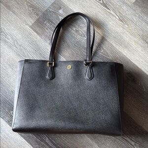 Tory Burch Black Leather Tote Bag with Gold Hardware